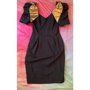 Vintage 80s Does 40s Black Cocktail Dress Gold Puff Shoulder Bows Avant Garde 4